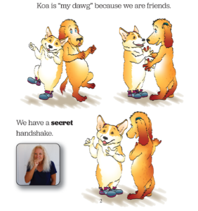 duke and koa have a secret handshake and dance in a page from the book