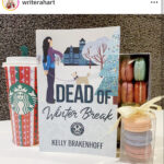 instagram photo of Dead of winter break book with a coffee and some colored macaroon cookies