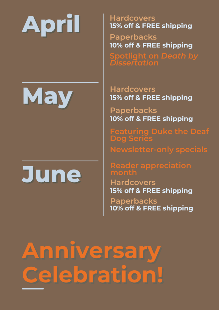 april may and june anniversary sales 10% off paperbacks, 15% off hardcovers and 20% off bulk bundles.